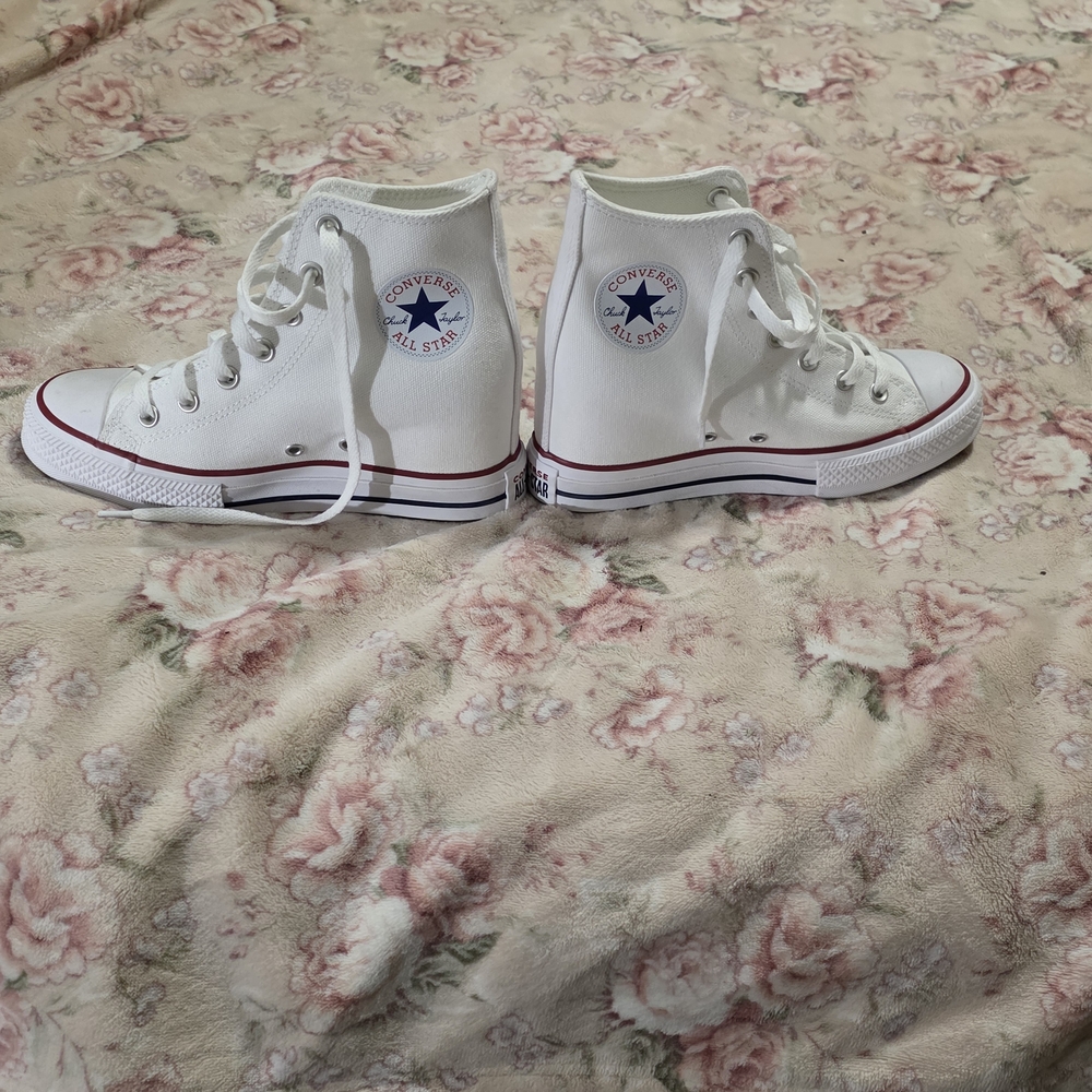 Converse White High Top Sneakers with Red and Blue Trim